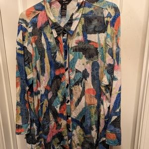 Ali Miles artsy multicolor button up top with 3/4 sleeves